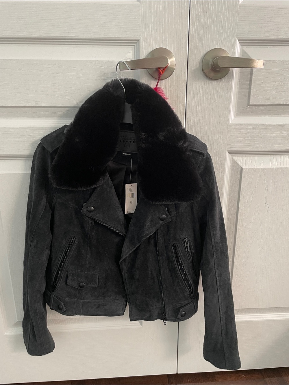 Anthropologie Leather Black Faux Fur Collar Suede Moto Jacket
